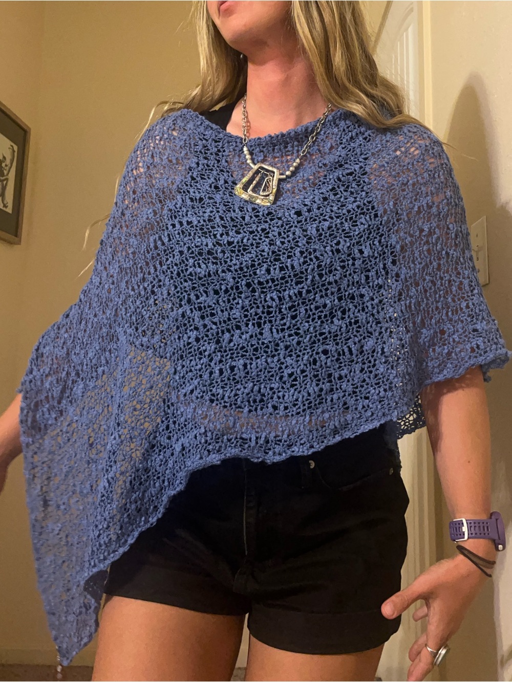 Lightweight Blue Crochet Poncho Sweater
